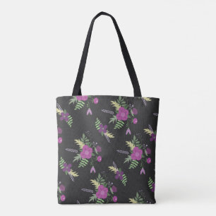 Elegant Purple Flowers Art on Black Tote Bag