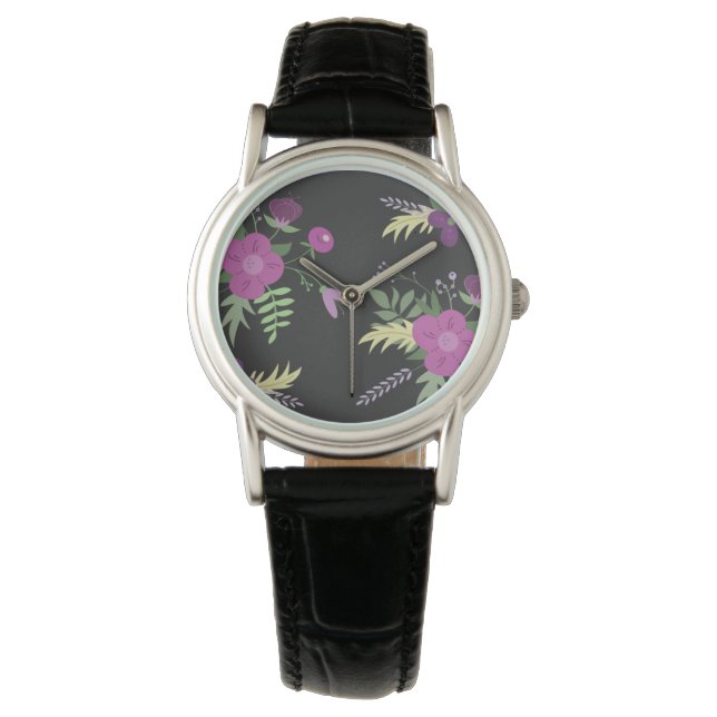 Elegant Purple Flowers Art on Black Watch (Front)