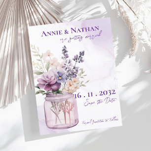 Elegant Purple Flowers In Mason Jar Floral Wedding Announcement Postcard
