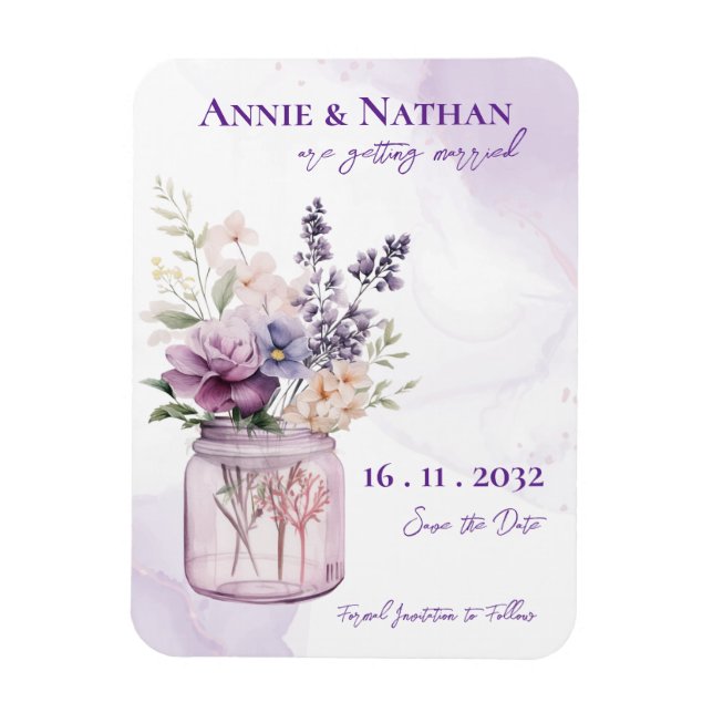 Elegant Purple Flowers In Mason Jar Floral Wedding Magnet (Vertical)