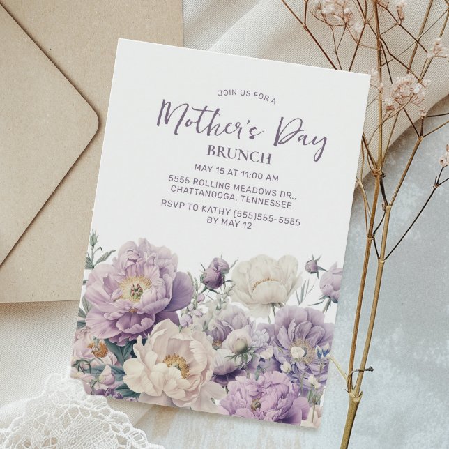 Elegant Purple Flowers Mother's Day Brunch Invitation (Elegant purple and cream-colored floral Mother's Day Brunch invitation)