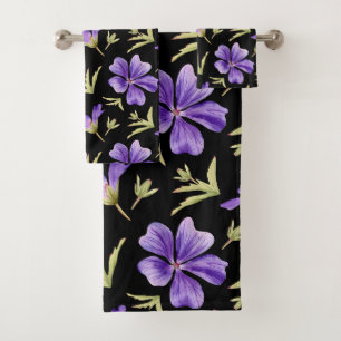 Elegant Purple Flowers Pattern with Green Accents Bath Towel Set
