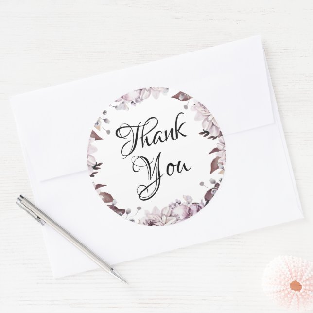 Elegant Purple Flowers Thank You Classic Round Sticker (Envelope)