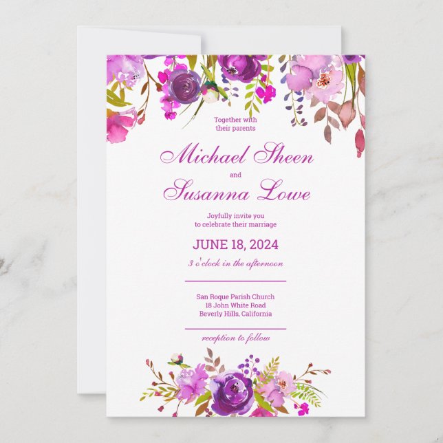 Elegant Purple Flowers Wedding Invitation (Front)