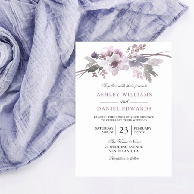 Elegant Purple Flowers White Wedding Invite (Creator Uploaded)