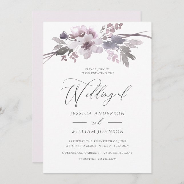 Elegant Purple Flowers Winter Grey Wedding Invitation (Front/Back)