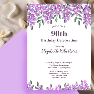 Elegant Purple Flowers Women's 90th Birthday  Invitation