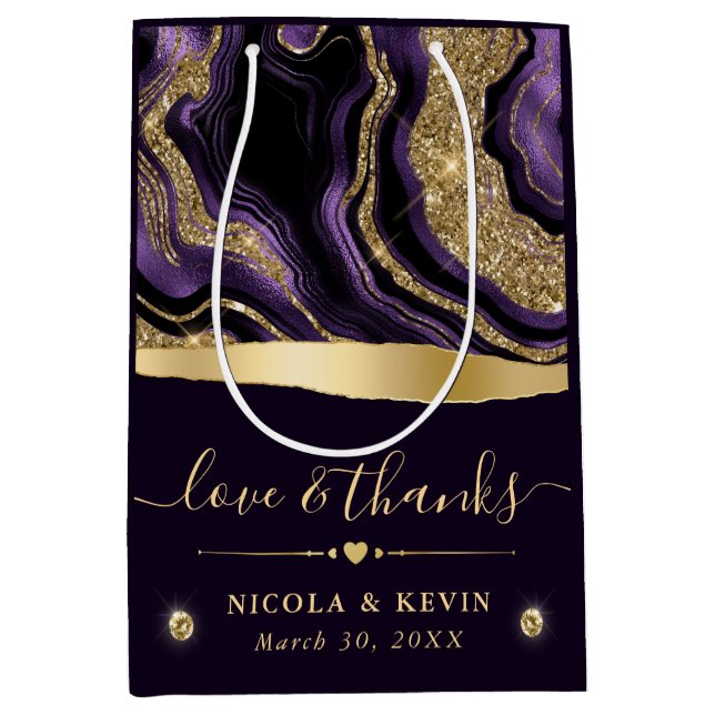 Elegant Purple Foil and Gold Glitter Agate Wedding Medium Gift Bag (Front)