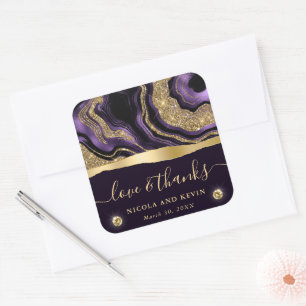 Elegant Purple Foil and Gold Glitter Agate Wedding Square Sticker