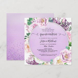 Elegant Purple Foil, Floral Watercolor Quinceañera Invitation