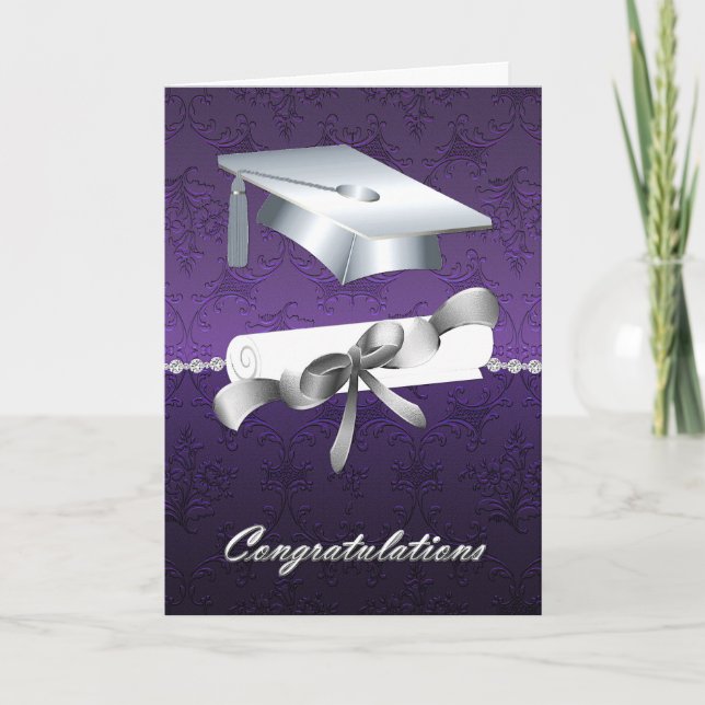 Elegant Purple Foil Like Damask Graduation Card (Front)