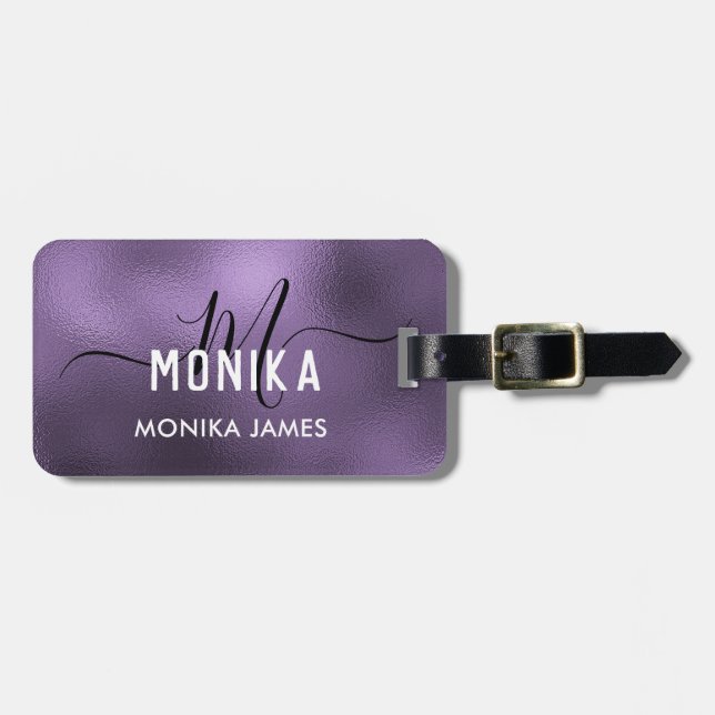 Elegant Purple  Foil Monogram Custom Luggage Tag (Front Horizontal)