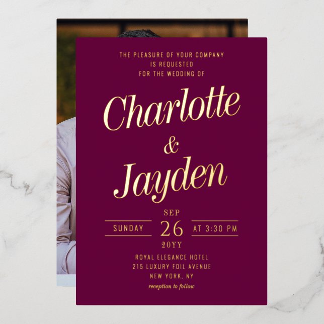 Elegant Purple Foil Script Photo Wedding (Front/Back)