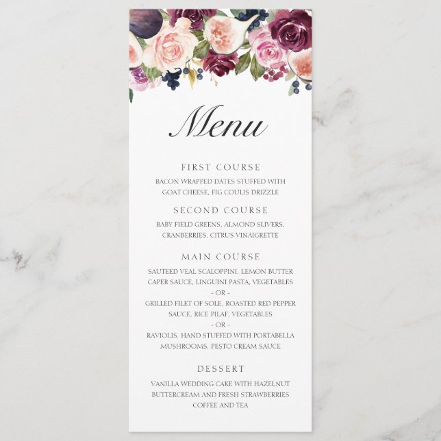 Elegant Purple Fruit Fall Floral Wedding Menu (Front)