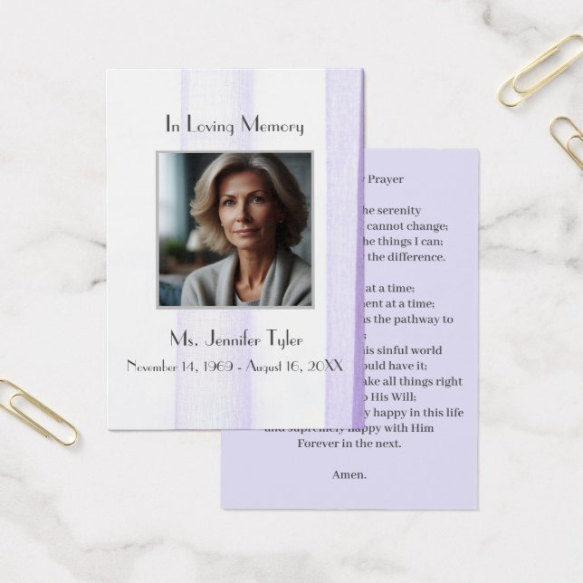 Elegant Purple Funeral Memorial Prayer Card (Office)