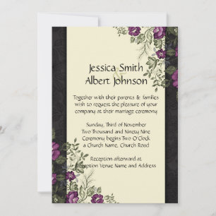 Elegant Purple Garden Floral Ivory Damask Wedding Invitation