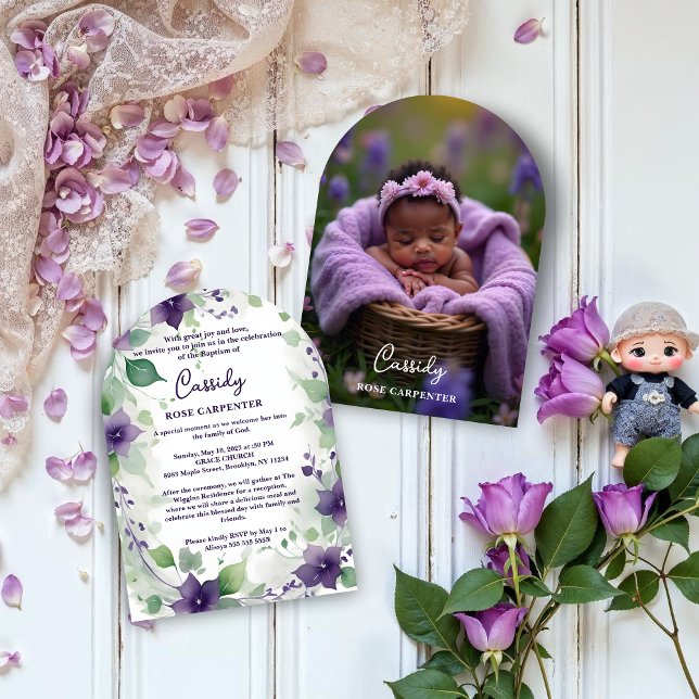 Elegant Purple Garland Floral Photo Baptism Baby Invitation (Elegant Purple Garland Flowers on a White Background – Baby Baptism Invitation Cards with Back Photo)