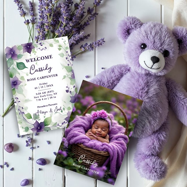  Elegant Purple Garland Flowers Photo Birth Baby Announcement (Elegant Purple Garland Flowers on a White Background – Announcement Birth Cards with Back Photo. )