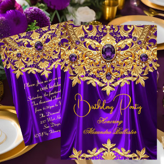 Elegant Purple gems Gold Lace Damask Birthday Invitation