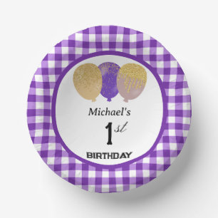 Elegant Purple Gingham & Balloons 1st Birthday Paper Plate