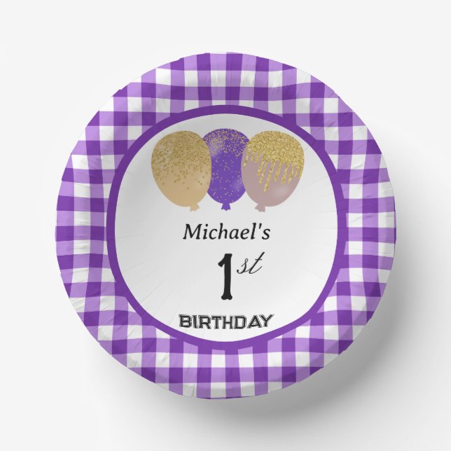 Elegant Purple Gingham & Balloons 1st Birthday Paper Plate (Front)