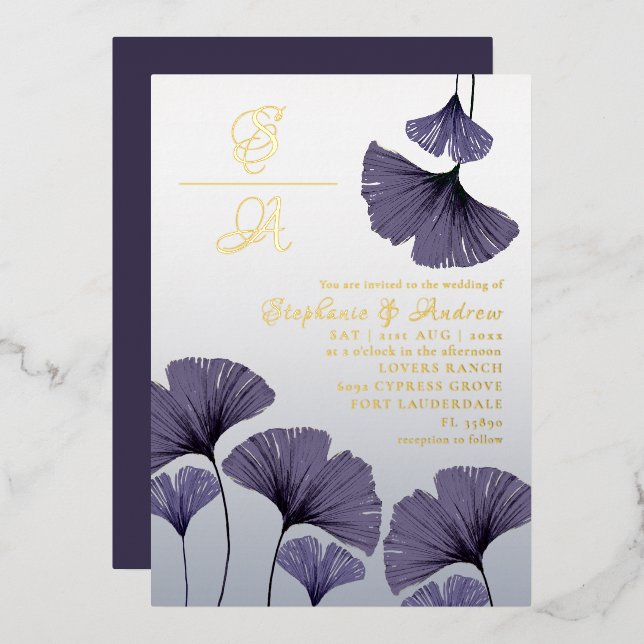 Elegant Purple Ginkgo Foliage Wedding  Invitation (Front/Back)
