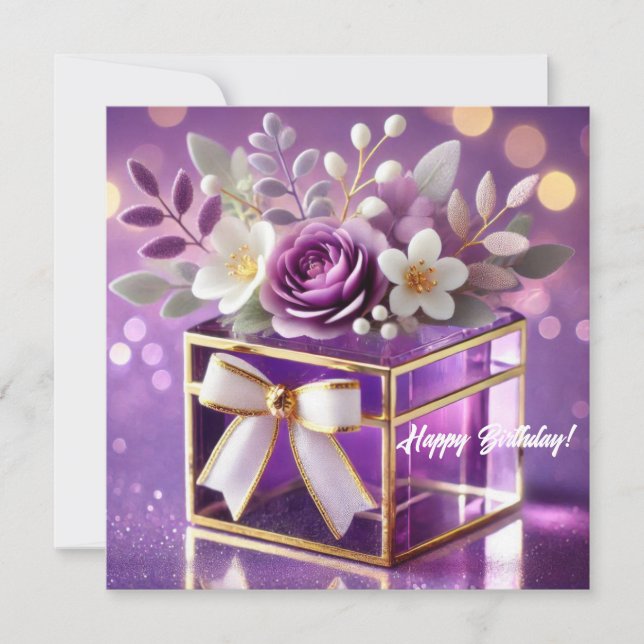Elegant purple glass floral gift gold chiffon bow holiday card (Front)