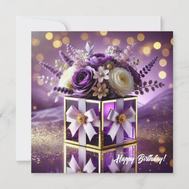 Elegant purple glass floral gift gold chiffon bow holiday card (Front)