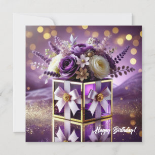 Elegant purple glass floral gift gold chiffon bow holiday card