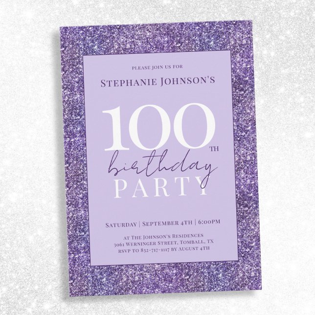 Elegant Purple Glitter 100th Birthday Party Invitation (Elegant Purple Glitter 100th Birthday Party Invitation)