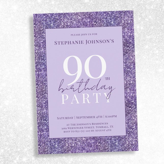 Elegant Purple Glitter 90th Birthday Party Invitation (Elegant Purple Glitter 90th Birthday Party Invitation)
