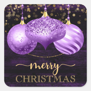 Elegant Purple Glitter Baubles Merry Christmas Square Sticker