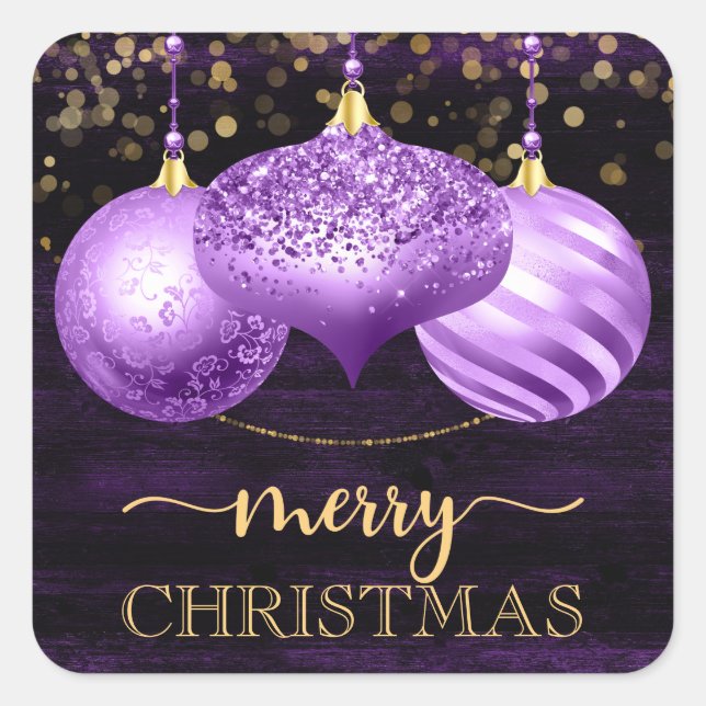 Elegant Purple Glitter Baubles Merry Christmas Square Sticker (Front)