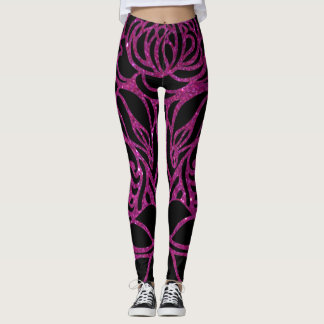 Elegant Purple Glitter Black Zebra Animal Print Leggings