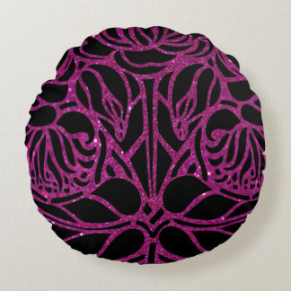 Elegant Purple Glitter Black Zebra Animal Print Round Cushion