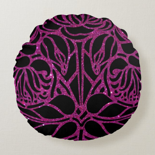 Elegant Purple Glitter Black Zebra Animal Print Round Cushion (Front)
