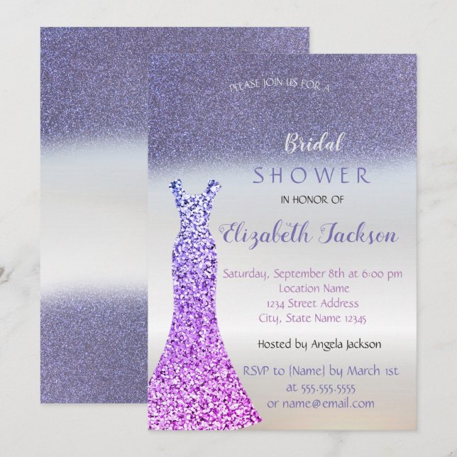 Elegant Purple Glitter Bokeh , Dress Bridal Shower Invitation (Front/Back)