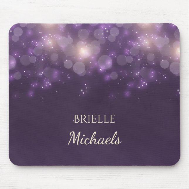 Elegant Purple Glitter Bokeh Sparkles With Name Mouse Mat (Front)