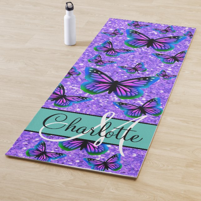 Elegant purple glitter butterflies monogram yoga mat (In Situ)