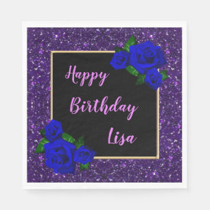 Elegant Purple Glitter Deep Blue Roses Birthday Napkin