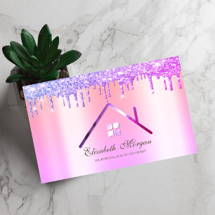 Elegant Purple Glitter Drips Roof Real Estate  Business Card