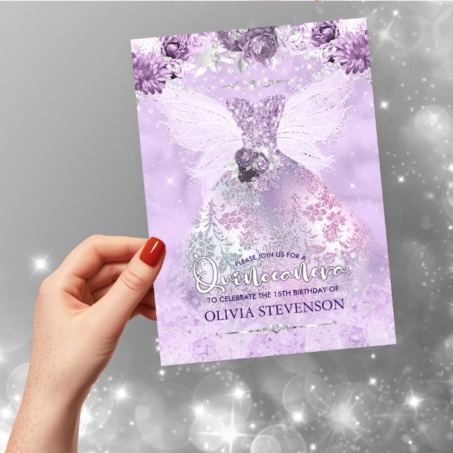 Elegant purple glitter floral gown Quinceanera Inv Invitation (Creator Uploaded)