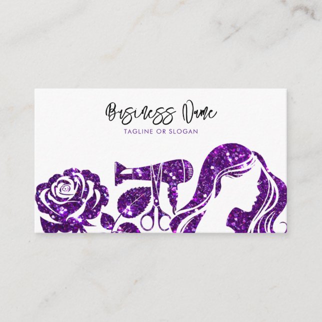 Elegant Purple Glitter Floral Hairdresser Appointment Card (Front)