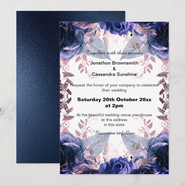 ELEGANT PURPLE GLITTER FLORAL NAVY  WEDDING INVITATION (Front/Back)