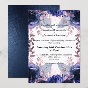 ELEGANT PURPLE GLITTER FLORAL NAVY  WEDDING INVITATION