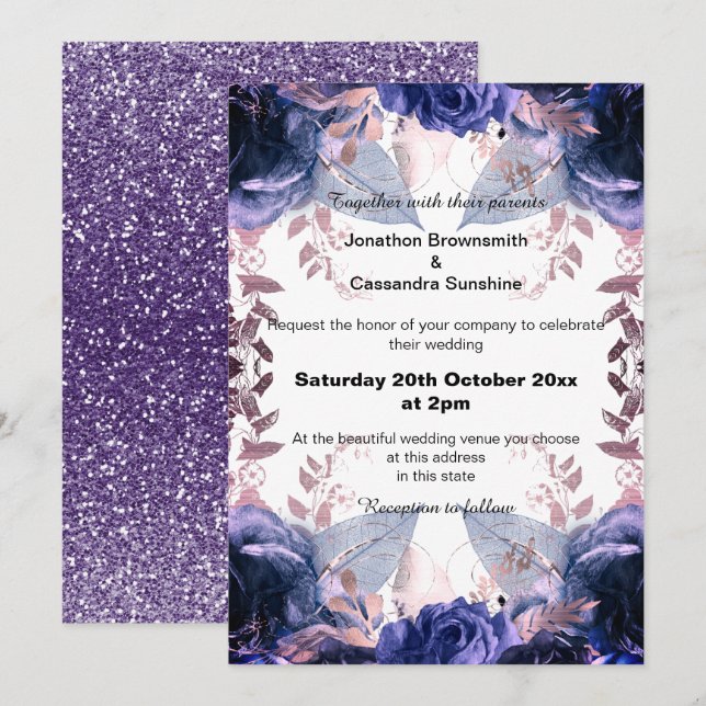ELEGANT PURPLE GLITTER FLORAL NAVY  WEDDING INVITATION (Front/Back)