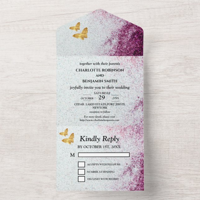 Elegant Purple Glitter & Gold Butterfly Wedding All In One Invitation (Inside)