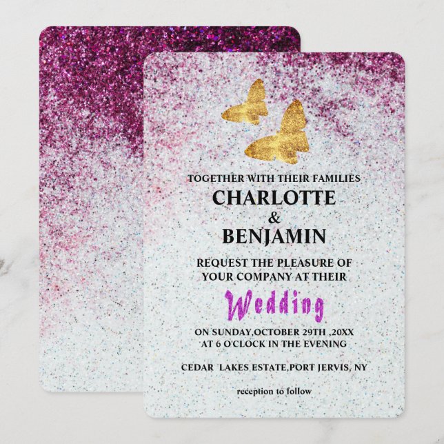 Elegant Purple Glitter & Gold Butterfly Wedding In Invitation (Front/Back)