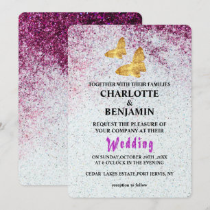 Elegant Purple Glitter & Gold Butterfly Wedding In Invitation