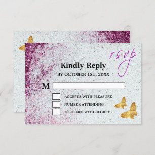 Elegant Purple Glitter & Gold Butterfly Wedding RSVP Card